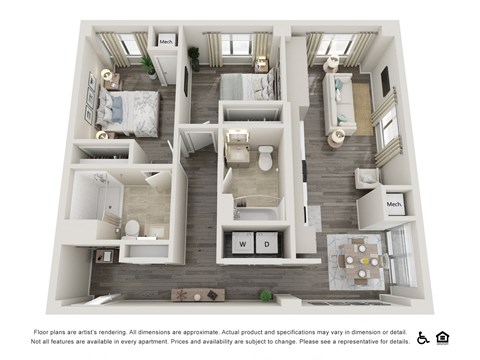 Floor plan for 2 beds, 2 baths, 980 sqft